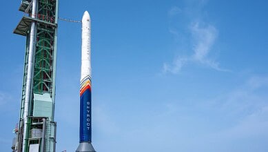 Skyroot's Vikram-1 rocket on launch pad ready for maiden test flight.