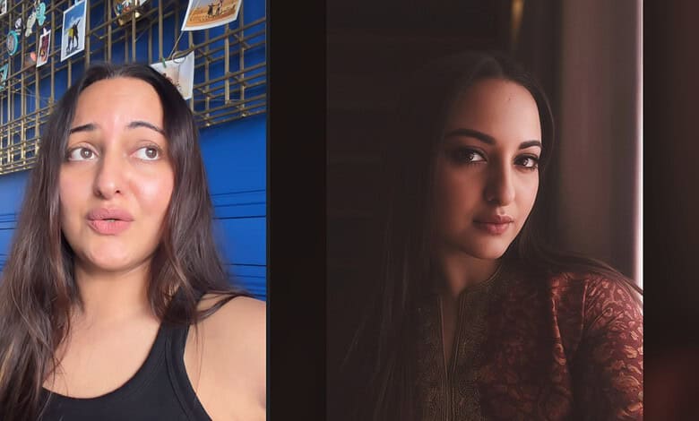 Sonakshi looking thoughtful with a blue background and photos on display behind her.
