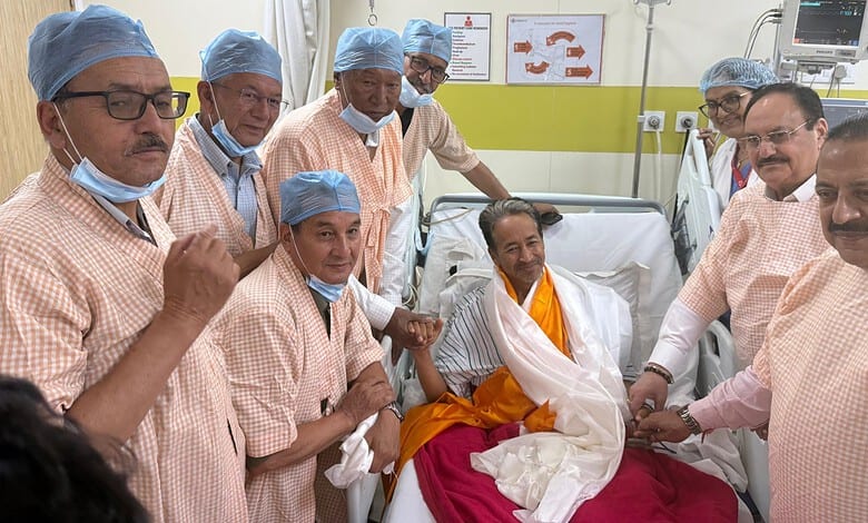 Sonam Wangchuk surrounded by medical staff after ending his 26-day fast.