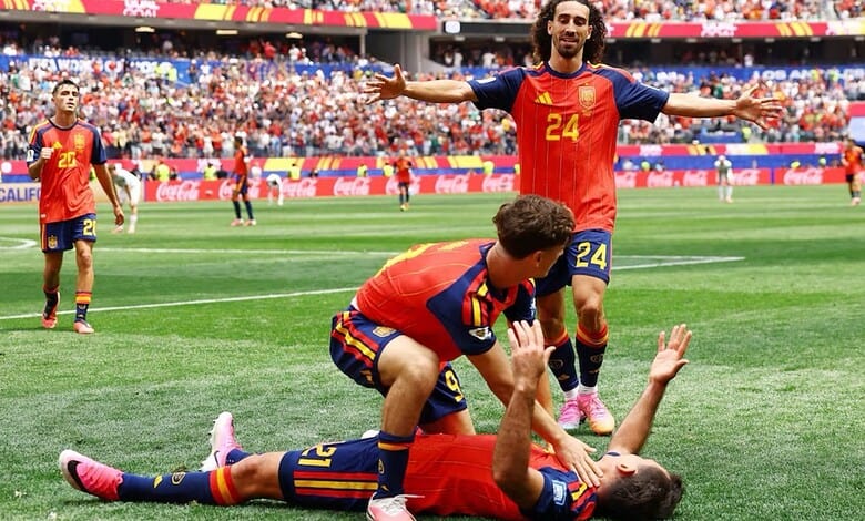 Spanish football players celebrating a goal during the FIFA World Cup match.