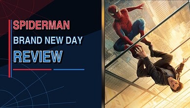 Spider-Man swinging through the city with a woman on a glass building.