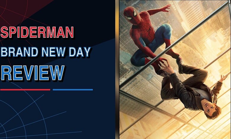 Spider-Man swinging through the city with a woman on a glass building.