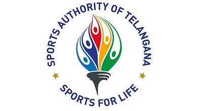 Sports Authority of Telangana logo with colourful flame design and slogan 'Sports for Life'.