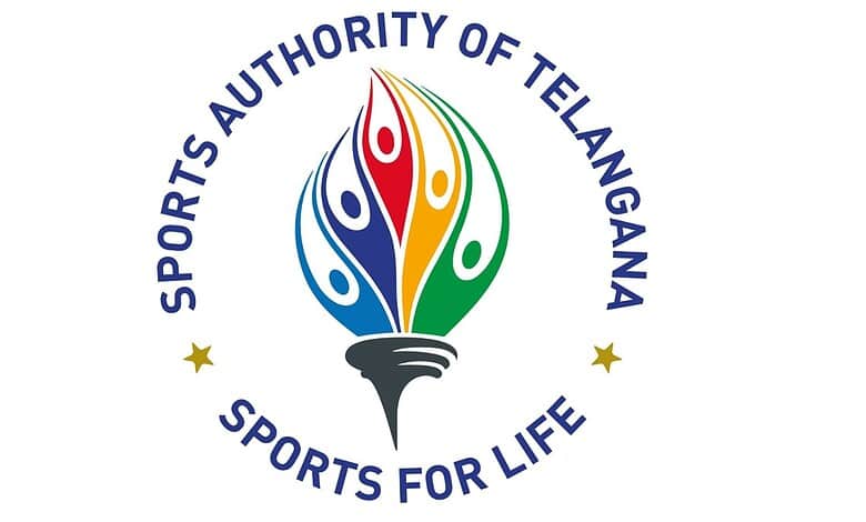 Sports Authority of Telangana logo with colourful flame design and slogan 'Sports for Life'.