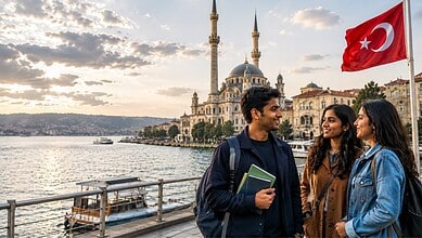 Students with backpacks and notebooks in front of a mosque and Turkish flag in Istanbul.