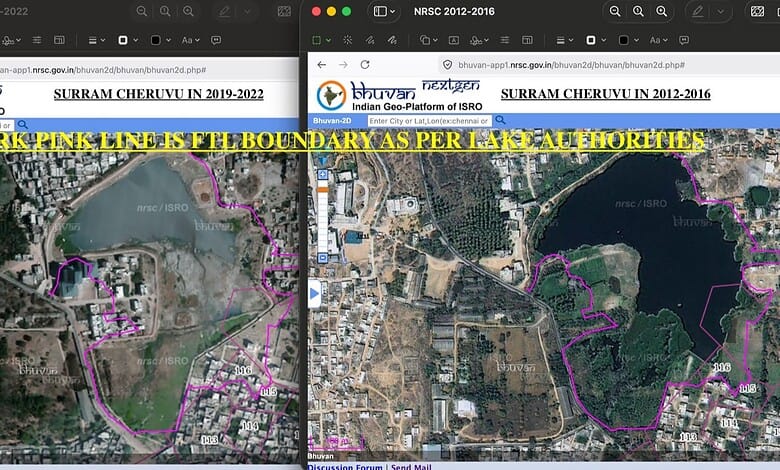 Comparison of Surrram Chervu satellite images from 2012 and 2022 showing boundary changes.