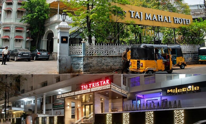 Exterior view of Taj Mahal Hotel and Taj Tristar with auto rickshaws in Hyderabad, India.