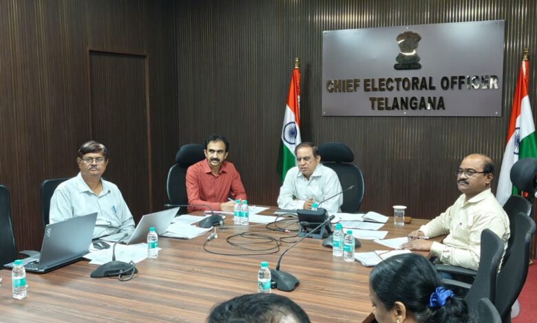 Telangana Chief Electoral Officer (CEO) C Sudharshan Reddy conducting a meeting