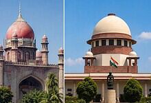 Historical Indian monuments with domes and lush greenery under a clear blue sky.