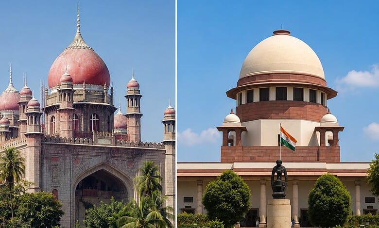 Historical Indian monuments with domes and lush greenery under a clear blue sky.