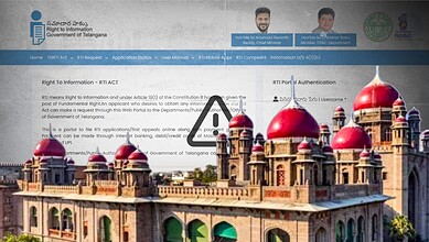 Telangana RTI portal webpage with historic building image in background.