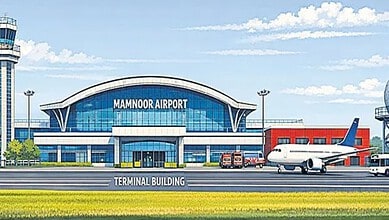 Modern Mamnoor Airport terminal with airplane and ground vehicles in front.