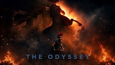 Epic scene from The Odyssey with a large horse statue and a warrior in front, fiery background and dark,烟.