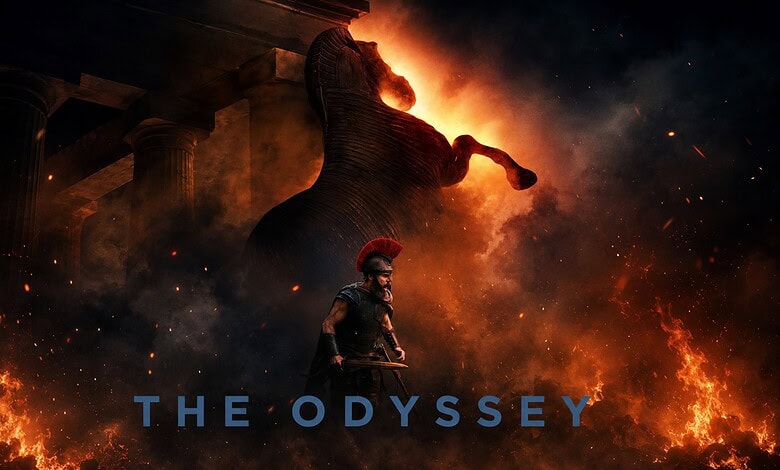 Epic scene from The Odyssey with a large horse statue and a warrior in front, fiery background and dark,烟.
