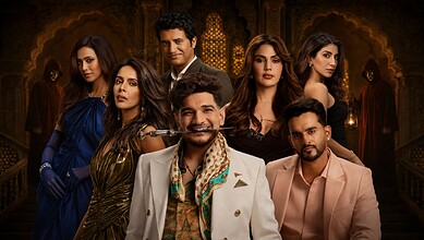 Group of seven contestants from The Traitors 2 in elegant attire in a luxurious setting.