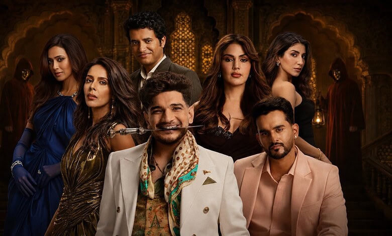Group of seven contestants from The Traitors 2 in elegant attire in a luxurious setting.