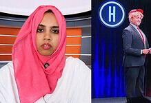 Hyderabadi anchor in traditional attire interviews Donald Trump on stage.