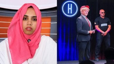 Hyderabadi anchor in traditional attire interviews Donald Trump on stage.
