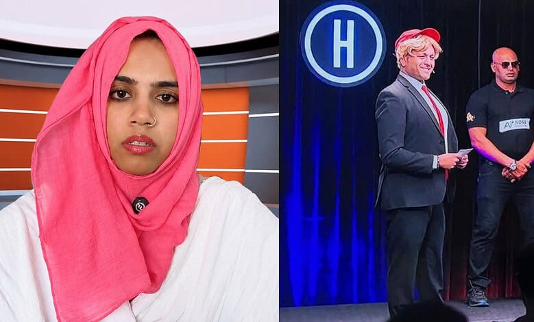 Hyderabadi anchor in traditional attire interviews Donald Trump on stage.