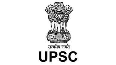 Emblem of India with Lion Capital and UPSC logo for civil services exam.