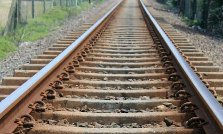 Empty railway tracks extending into the distance in a rural setting.