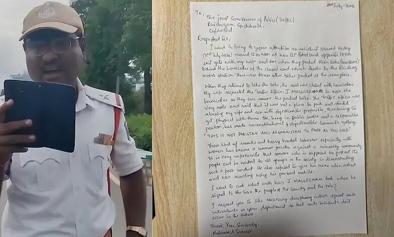 Police officer holding a tablet, speaking outdoors, with a handwritten letter in the background.