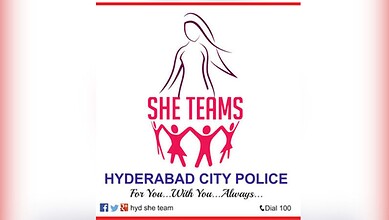 Hyderabad SHE Teams logo with police support slogan and social media icons.