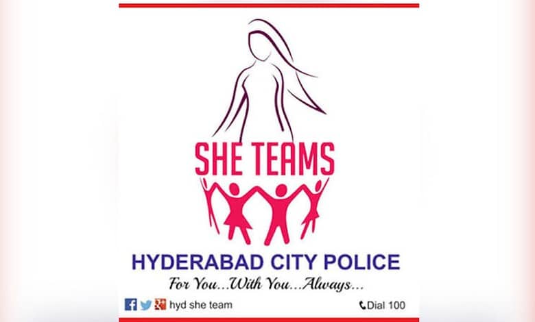 Hyderabad SHE Teams logo with police support slogan and social media icons.