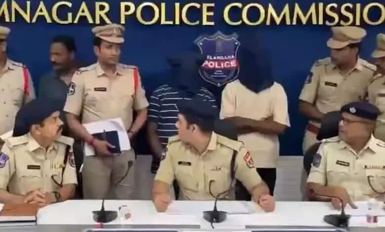 Police officers and a suspect at a press conference in Karimnagar, Telangana.