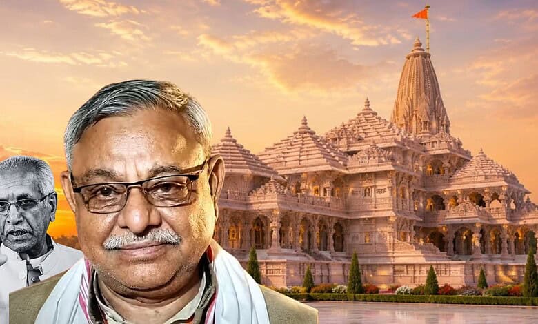 Senior man with glasses in front of a Hindu temple at sunset.