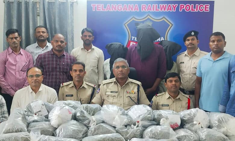 Telangana Railway Police display seized illegal items and apprehended suspects.