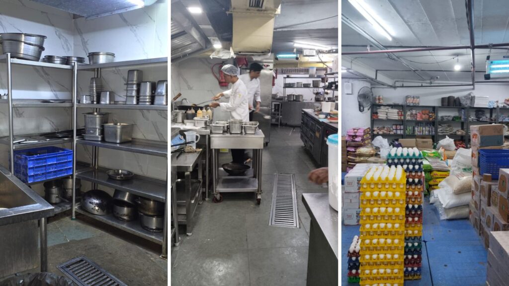 KFC Pista House food raids: kitchen with shelves, chefs, and stock in a food storage area.
