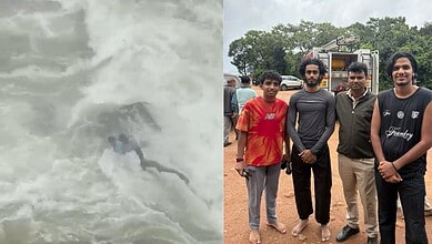 Rescue operation at Kodagu's Mallalli Falls with people and rescue team present.