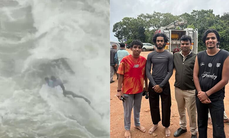 Rescue operation at Kodagu's Mallalli Falls with people and rescue team present.