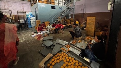 Workers packaging oranges in a warehouse with boxes and trays for distribution.