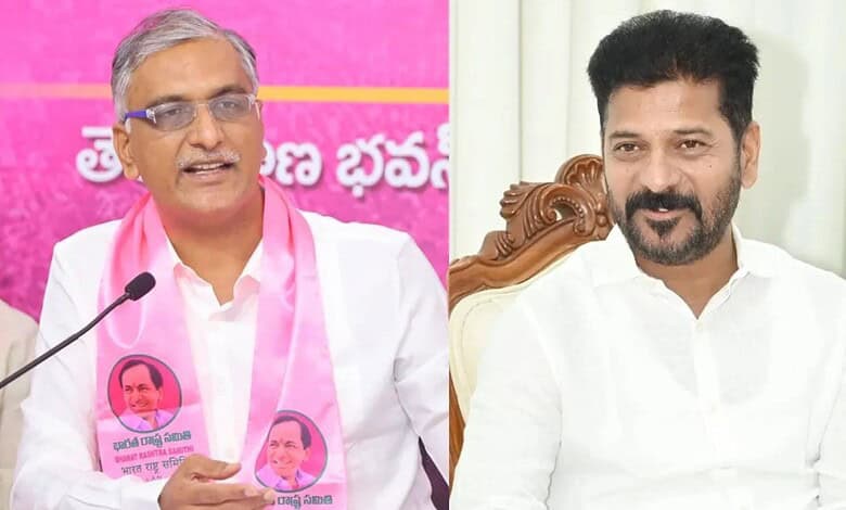 Harish Rao speaking at a public event with a pink backdrop and Revanth Reddy seated nearby.