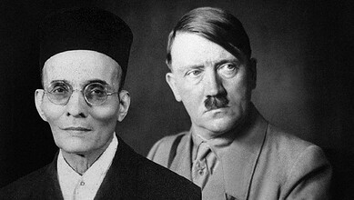 Historical black and white photo of Veer Savarkar and Adolf Hitler side by side.