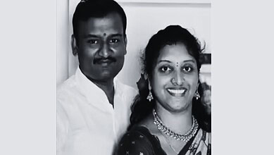 Smiling couple in traditional attire, black and white photo, linked to Hyderabad incident.