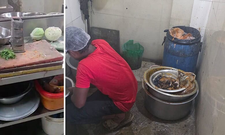 Hygiene violations in Hyderabad restaurant with dirty kitchen and unclean utensils.