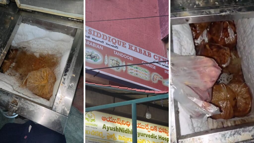 Hygiene violations at Hyderabad restaurant with nearly 4-star rating, food exposed in open display.