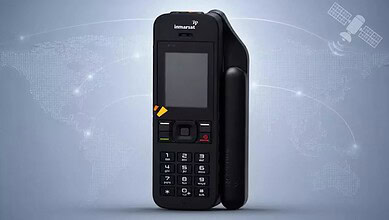 Inmarsat satellite phone with a black rugged design and large screen for satellite communication.