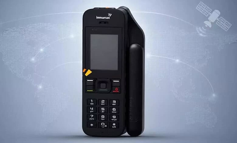Inmarsat satellite phone with a black rugged design and large screen for satellite communication.