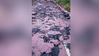 The damaged section of the cycling track in Hyderabad