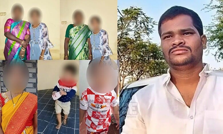 Family members with blurred faces, including children and adults, in various settings.