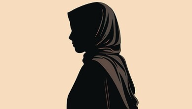 Silhouette of a woman wearing a headscarf against a beige background.