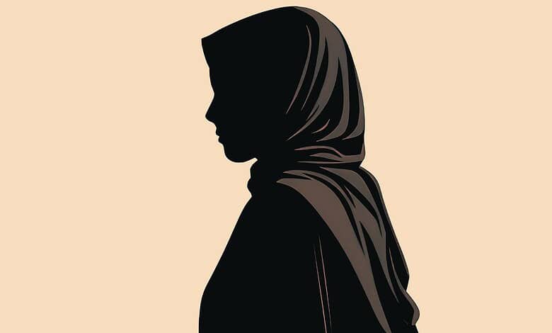 Silhouette of a woman wearing a headscarf against a beige background.