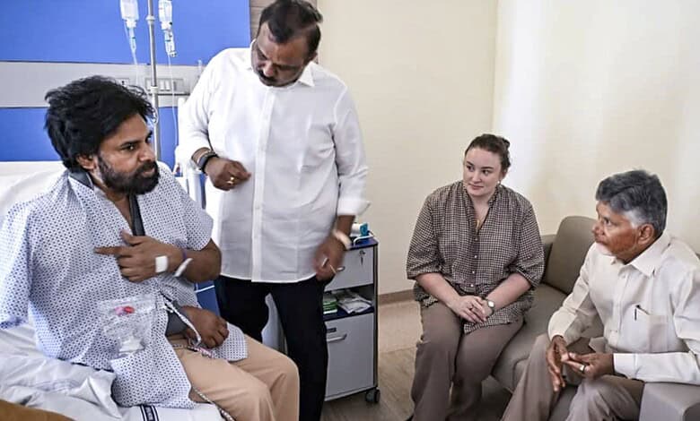 Pawan Kalyan in hospital with medical team and visitors after shoulder surgery.
