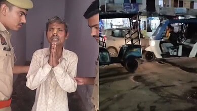 Agra police officers interacting with a distressed elderly man in a police station.