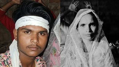 Young man with a white headband and traditional attire, serious expression, in a rural setting.