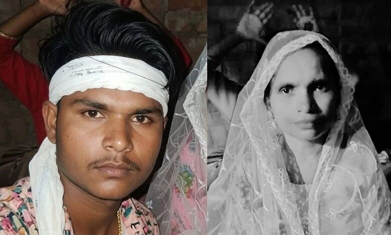 Young man with a white headband and traditional attire, serious expression, in a rural setting.